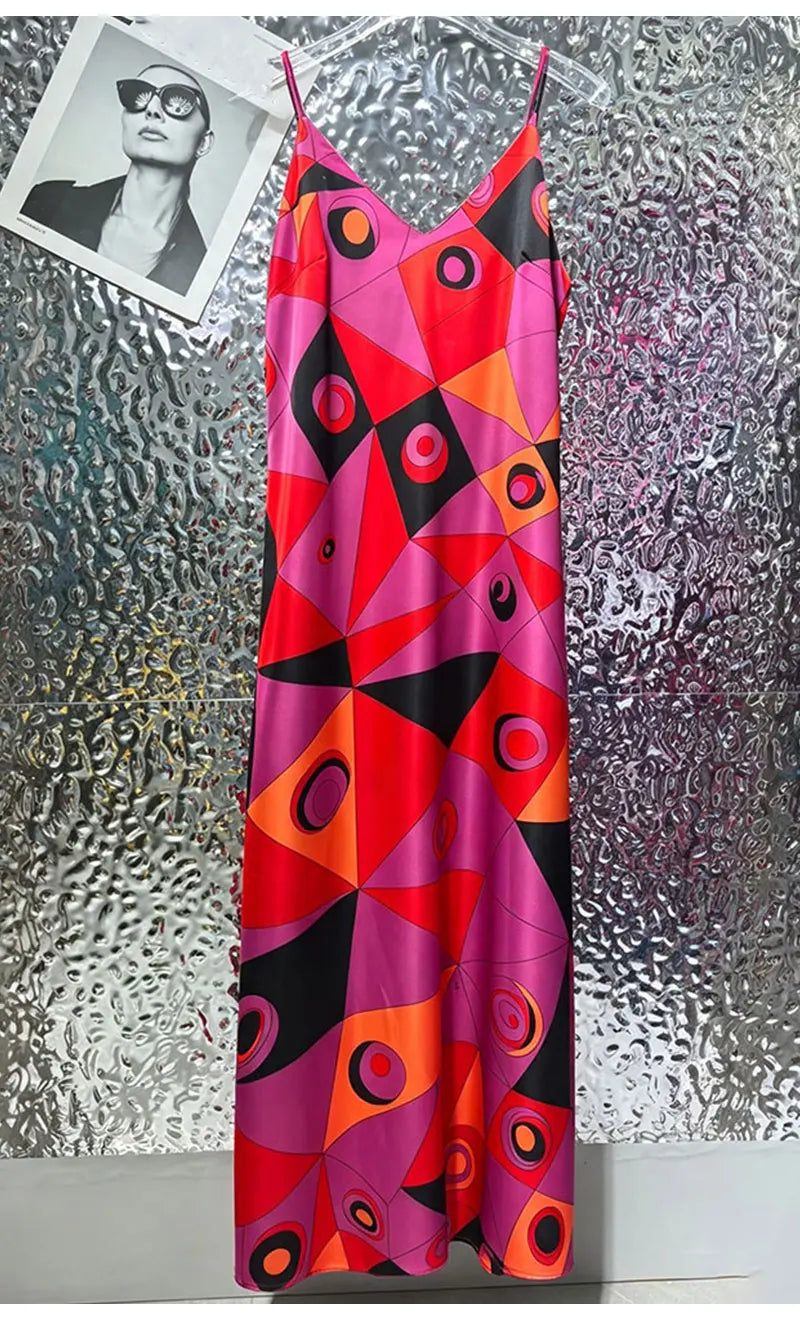 Sexy Summer Women's New Satin Elegant Dress V-Neck Thin Shoulder Strap Geometric Printing Suspenders Elegant Party Holiday Dress