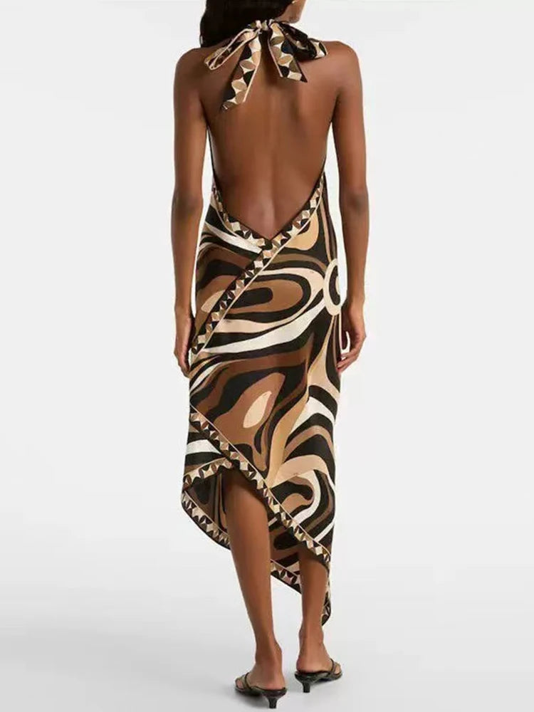 2026 Summer Women's Clothing Retro Geometric Print Sexy Backless Sleeveless Halter Dress Fashion A-Line Irregular Skirt - Shellss