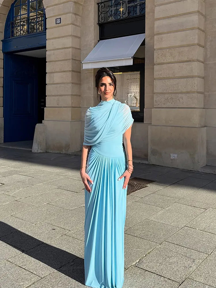Irregular Shawl Blue Maxi Dress Women's Fashion Turtleneck Slim Fit Pleated Vestidos 2025 New Lady Evening Party Robes Summer - Shellss