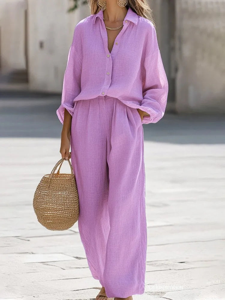 Linen Shirt Pants Suits Casual Two Piece Set