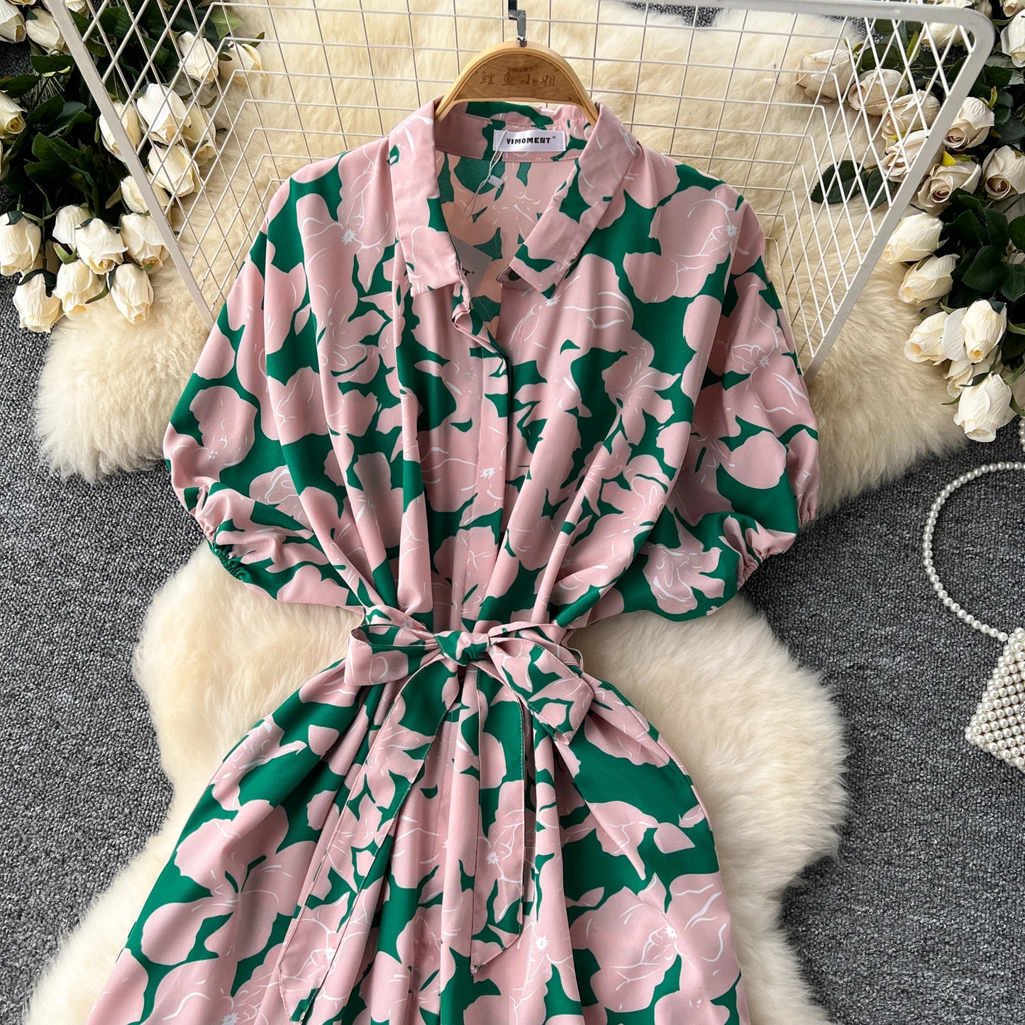Vintage Satin Floral Pink Red