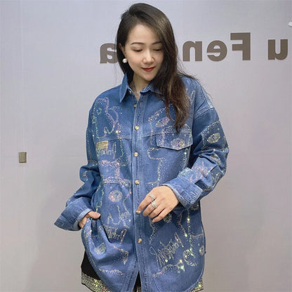 Autumn/Spring Summer Rhinestones Denim Shirt