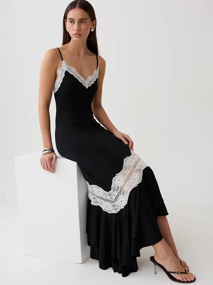 Mozision Women Spaghetti Strap V‑Neck Sexy Midi Dress Contrast White Lace Patchwork Ruffle Hem Bodycon Party Evening Dresses