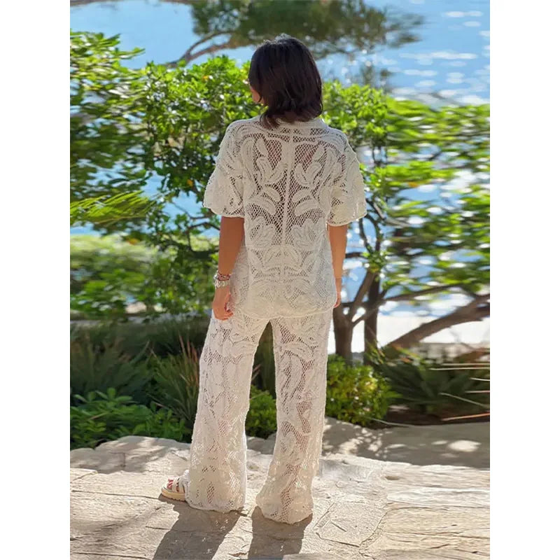 2025 hollow out wide legs women pants suits