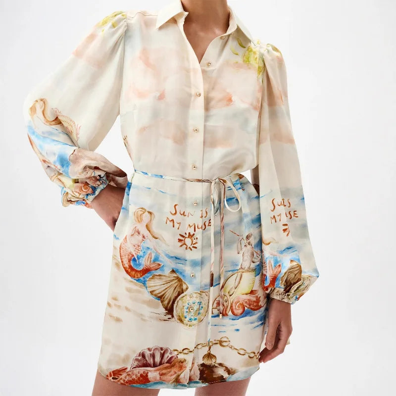 Fashionable Digital Printing Long Sleeve Turn-down Collar Short Dress Women's Clothing New Arrival Elegant Commute Style A-li...