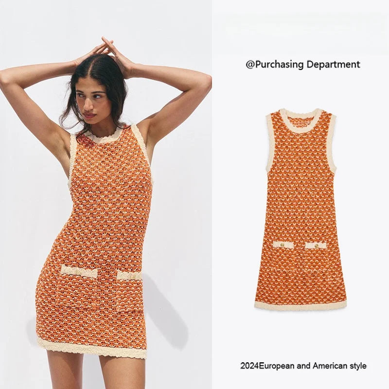Summer New Arrival Women's Knitted  Dress round Neck Sleeveless Texture Classy Style Commute Fashion Single Piece