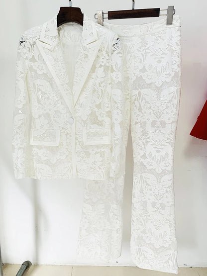 HIGH STREET Newest 2024 Designer Runway Suit Set Women's Single Button Guipure Lace Blazer  Flare Pants Set