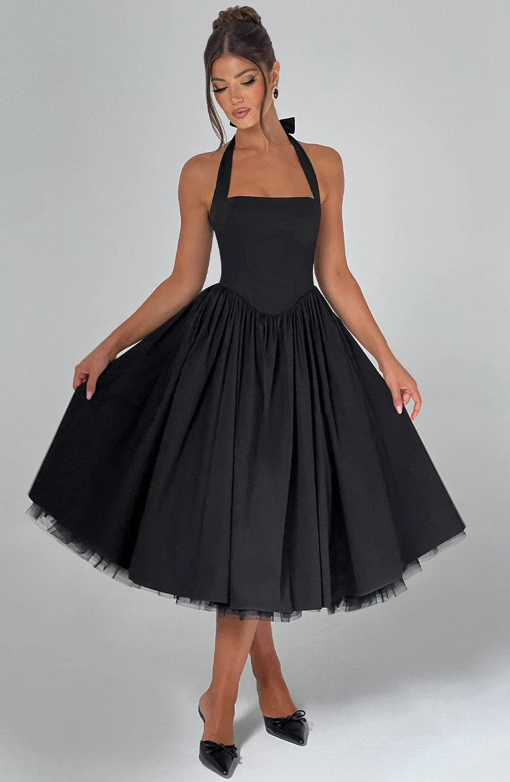 Luxurious Dress Vintage-Inspired Chic Puff-Sleeve Dress Lace-Up Pleated Tulle Dress Romantic-Elegant Evening Ruffle Gown - Shellss
