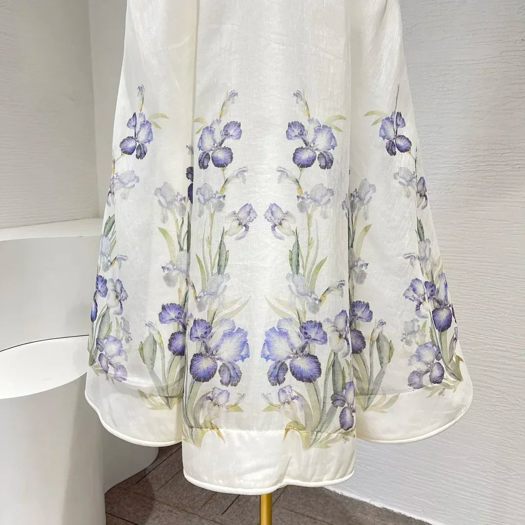 Top Quality Silk Linen White Blue Floral Print