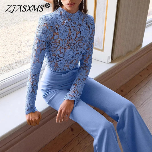 Jacquard Lace High-waisted Jumpsuit Embroidery Crochet