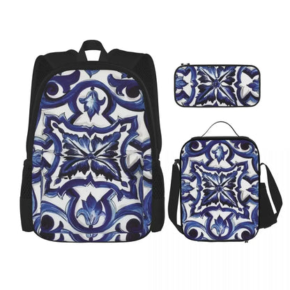 Blue Ornate Floral Mediterranean Sicilian Tile Backpacks Bookbag Children School Bags Rucksack Lunch Bag Pen Bag Three-Piece Set