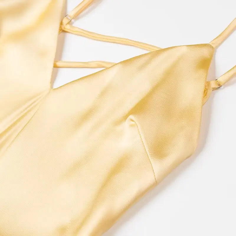 Yellow Pink Stain V Neck Sling Dress - Shellss