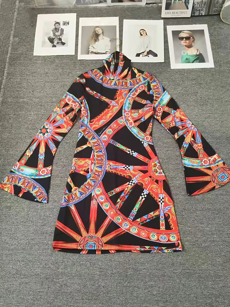 Design Retro Geometric Print High Collar Pullover Waist Dress 2026 Autumn Women's Clothing Fashion Stretch Knit Hip Cover Skirt - Shellss