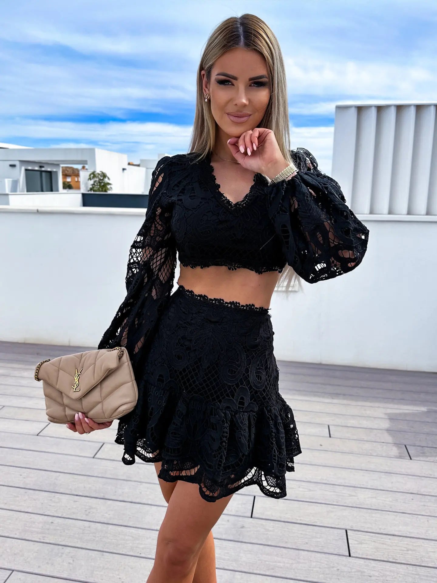 Sexy Hollow Lace Suit Summer New Women's Clothing Fashion V-neck Zipper Long Sleeved Short Top A-line Mini Skirt 2 Piece Set