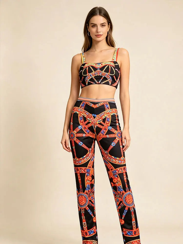 Summer New 2026 Printed Two-Piece Suit with One-Word Collar Sexy Waist-Exposed Top And Elastic Waist Slim Trousers for Holiday - Shellss