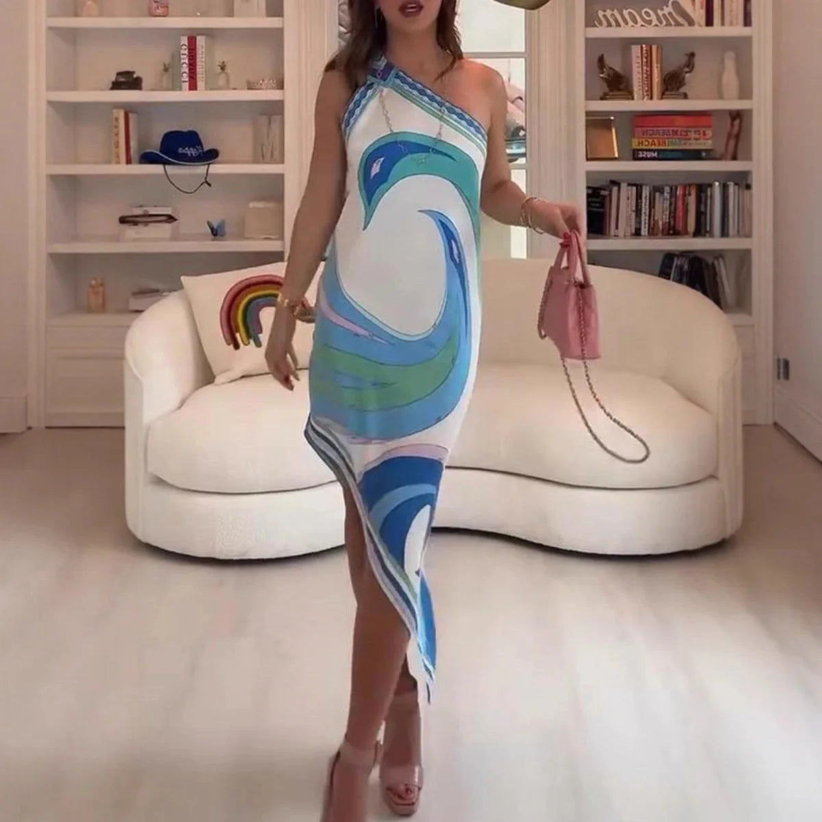 Sexy Slant Shoulder Satin Vacation Dress Women Elegant Print Backless Irregular Short Dress Casual Sleeveless Loose Party Dress - Shellss