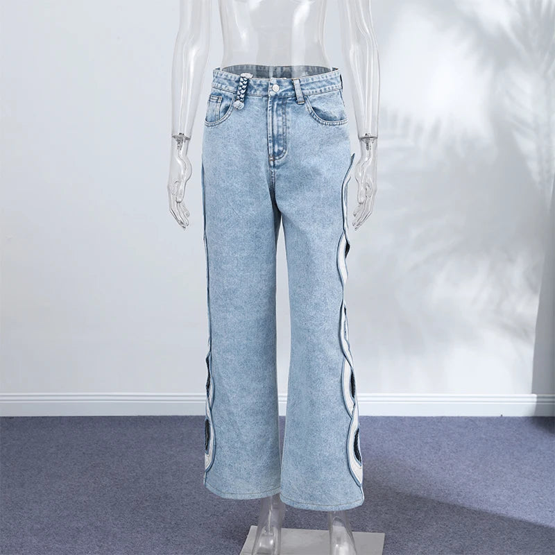 Fashion Side Hollow Out Jeans Women's High Waist Straight Leg Denim Pants 2026 Summer New Lady Trendy Casual Streetwear