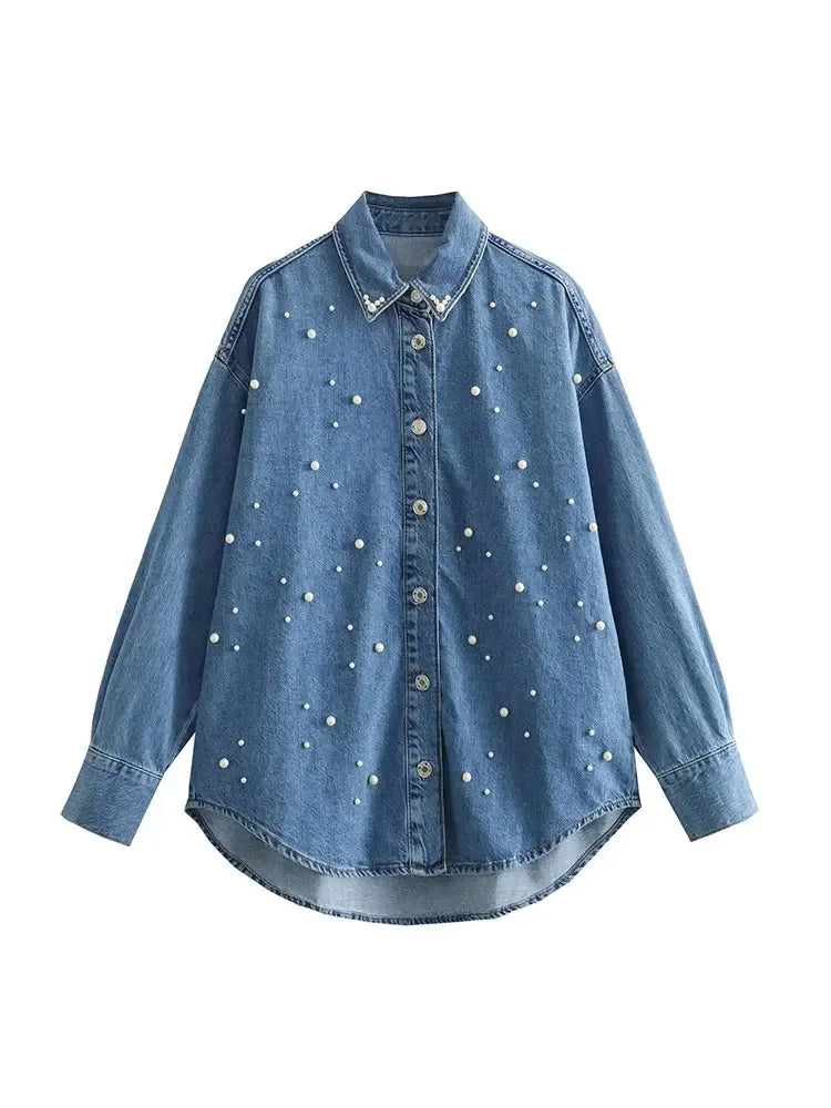 HH Autumn Women's Denim Casual Shirt Fashion Faux Pearl Loose Blouses Button Down Long Sleeve Jean Jacket Versatile Top