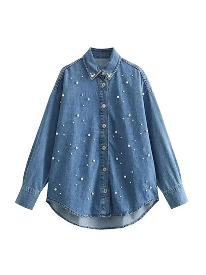 HH Autumn Women's Denim Casual Shirt Fashion Faux Pearl Loose Blouses Button Down Long Sleeve Jean Jacket Versatile Top