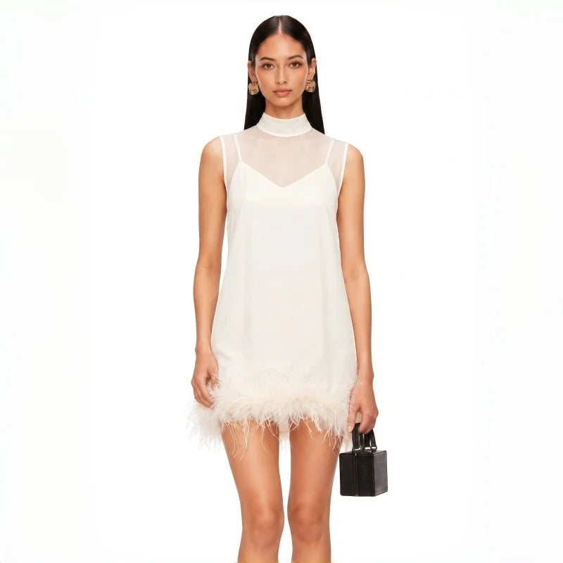 Halloween Outfit High End Feather Mini Cocktail Dress Mock Neck See Through Mesh Sleeveless Short Dress For Cosplay Bachelorette - Shellss