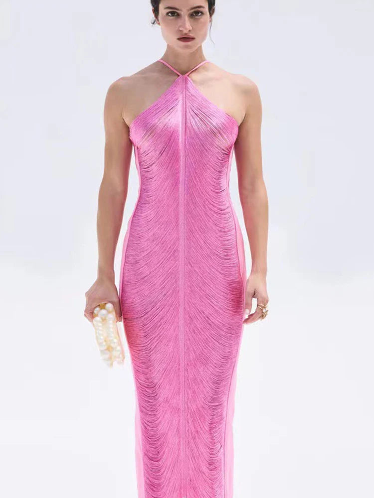 Halter Backless Solid Vintage Bodycon Long Dress