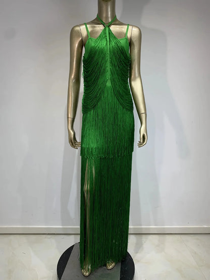 Celebrity Sexy Tassel Green Dress