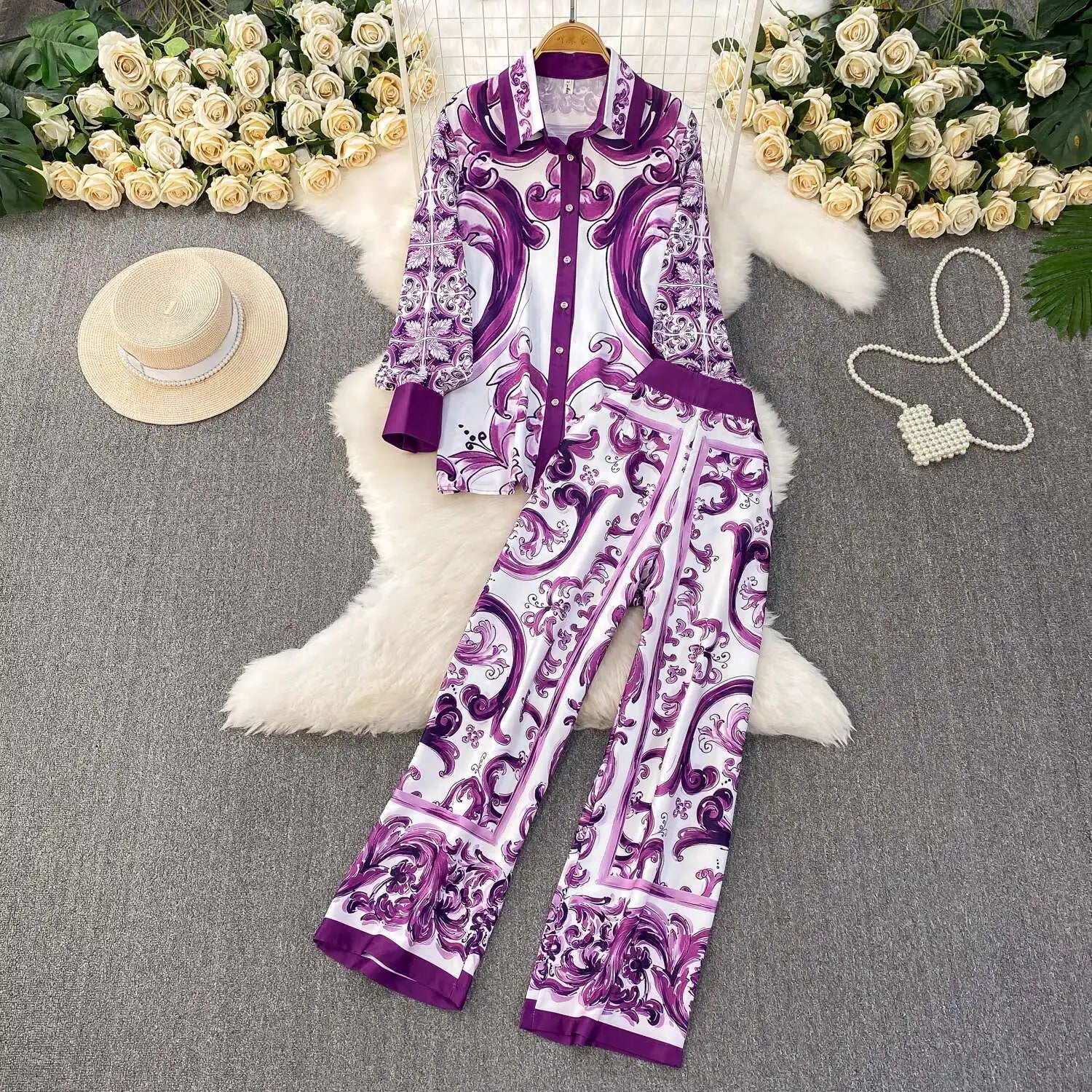 Autumn Purple Floral Two Piece Set