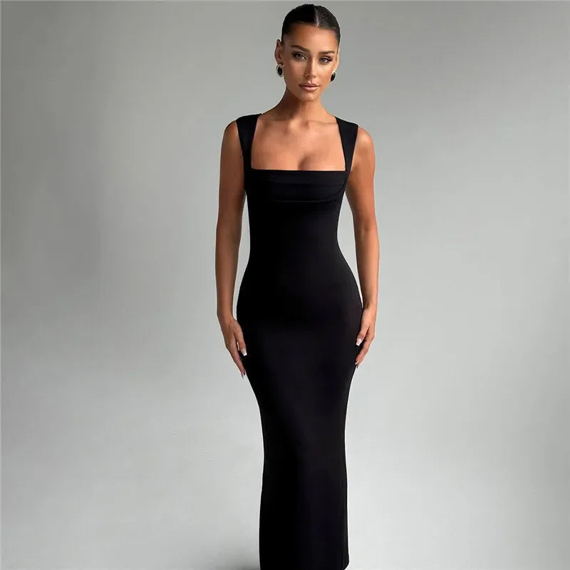 Square Collar Sleeveless Sexy Maxi Dress For Woman Fashion Spring Summer New High Waist Bodycon Club Party Long Dress - Shellss