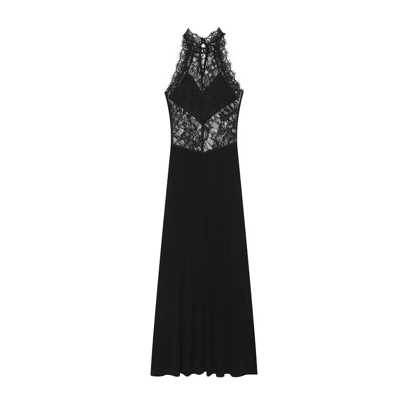 HXAO Halter Women's Lace Dress Summer Corset Elegant Party Dresses Off Shoulder Sexy Vacation Black Dress Semi Sheer Maxi Dress
