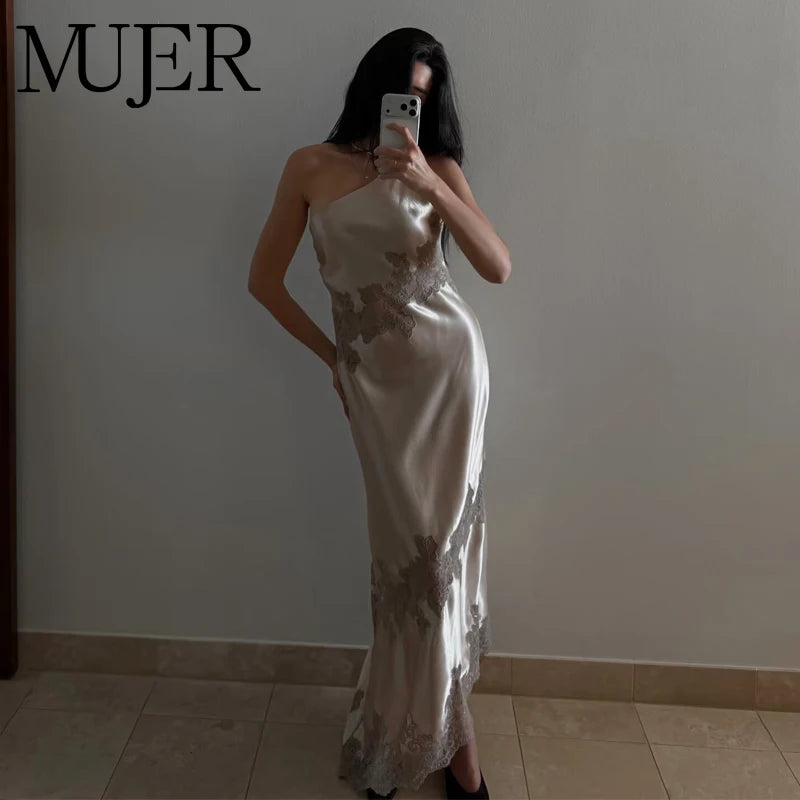 MUJER Satin Lace Midi Dress Women Asymmetric Long Dresses for Women Summer Backless Women's Dresses off Shoulder Dress Woman