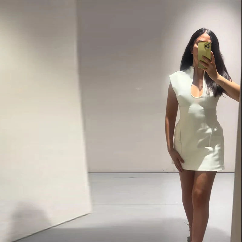 Elegant Slim Women's Dress Stand Collar Hollow Out Sleeveless Waist-Closed Lady Mini Dresses 2026 Spring Summer Female Robe