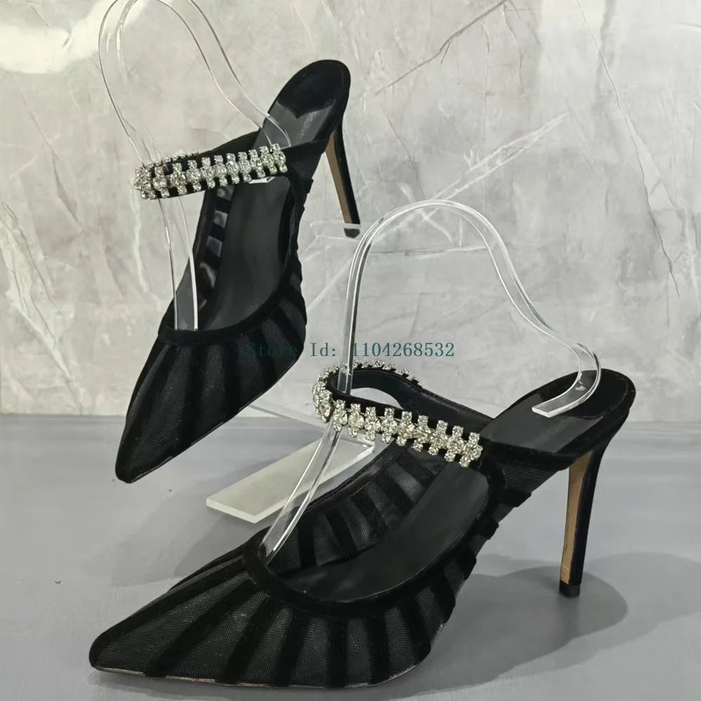 Black Crystal Rhinestone Slippers Sexy Pointed Toe Stiletto