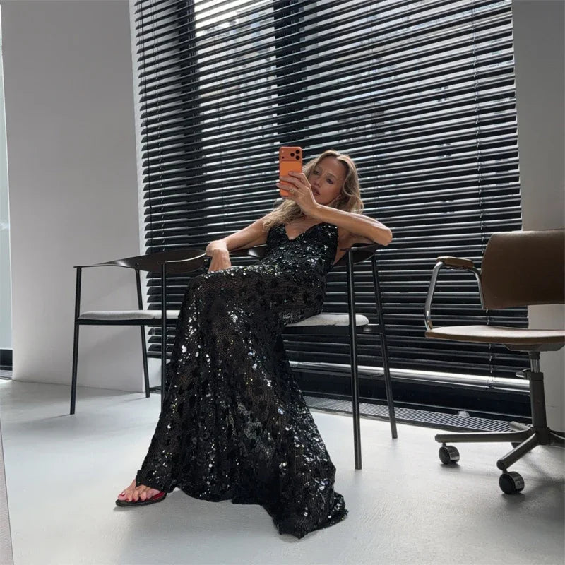 Sequin Deep V-neck Long Dress Women Chic Sleeveless Spaghetti Strap Backless Mermaid Robes Lady Sexy Evening New Party Dresses
