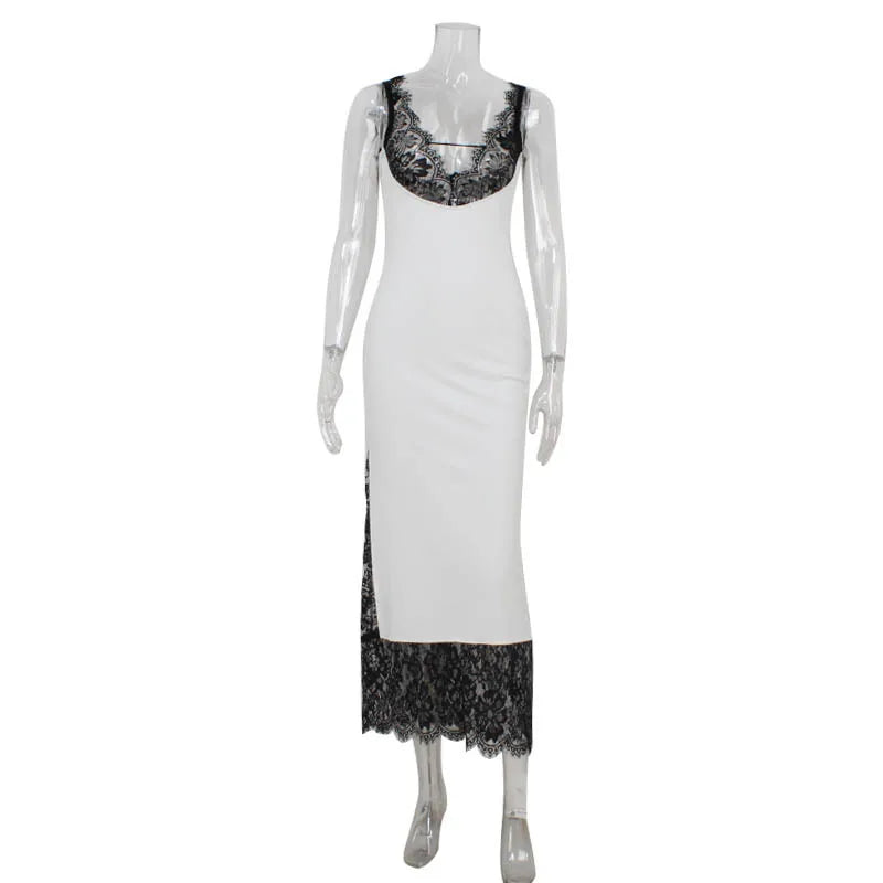 2026 Summer Fashion New Women's Elegant Lace Edge Strap Skirt Satin Splicing Sexy Temperament Bag Hip Split Dress