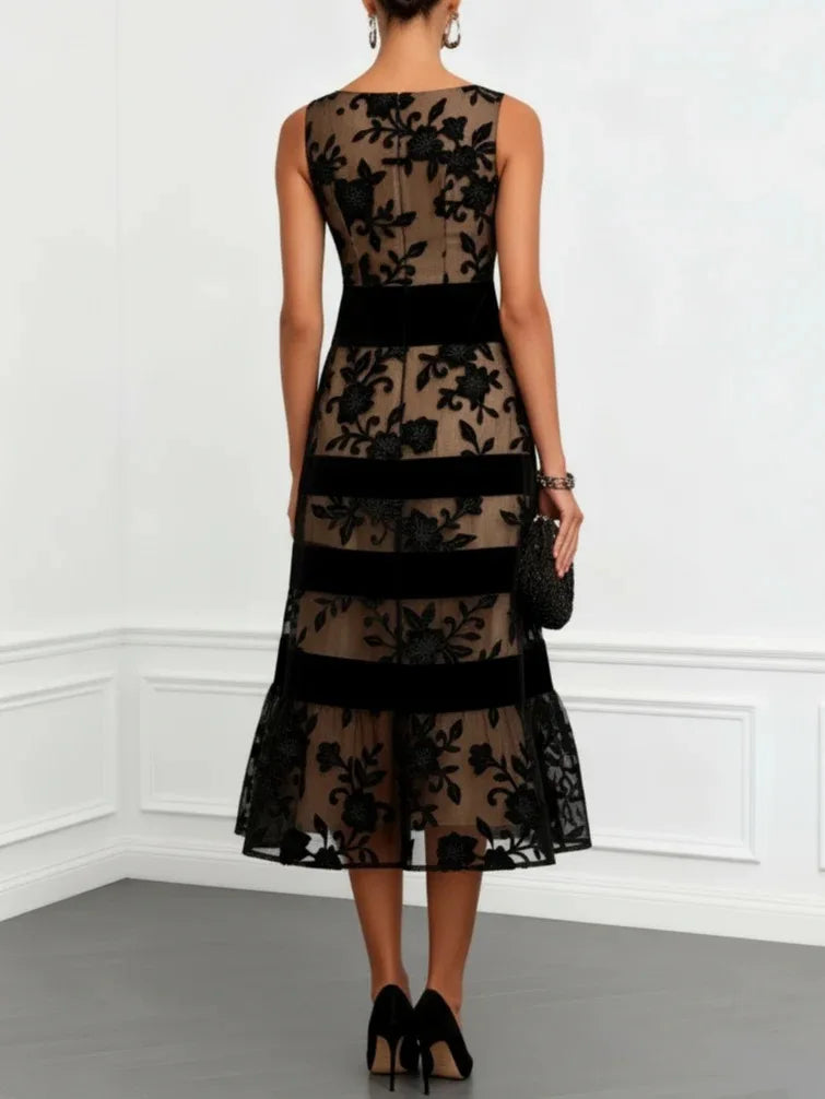 2026 Black Mesh Maxi Dress Women Sleeveless Flocking Jacquard Splicing Slim Dress Y2K Slim Fits High Waist Dress Vestidos