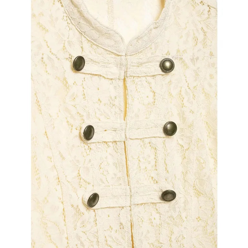 2026French Vintage Floral Lace Cropped Jacket Mandarin Collar Frog Knot Buttons Puff Long Sleeve Slim Retro Outerwear for Women