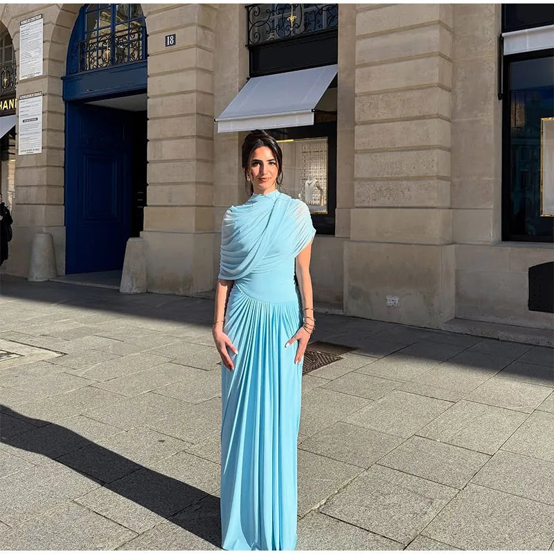 Irregular Shawl Blue Maxi Dress Women's Fashion Turtleneck Slim Fit Pleated Vestidos 2025 New Lady Evening Party Robes Summer - Shellss