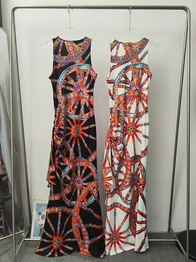 Designer retro geometric print knitted sleeveless sundress 2026 summer women's fashion fashion smocked straps hip-covering dress - Shellss
