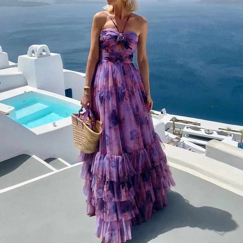 Long chiffon ruffle dress