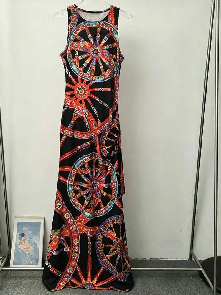 Fashion women's new round neck sleeveless dress colorful wheel print slim irregular temperament dress elegant holiday party dres - Shellss