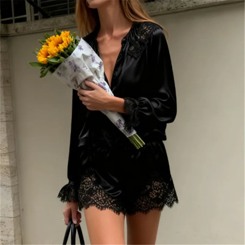 Y2K Two Piece Satin Lounge Shorts Set Women Silk Lace Trim V Neck Long Sleeve Blouse T-shirt and Shorts Elegant Lady Outfit