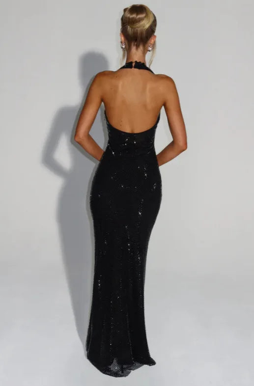 Backless Sequin Nightclub Sexy Party Dress Women Halter  Spring Summer Dress Slim Bodycon Maxi Long Dresses