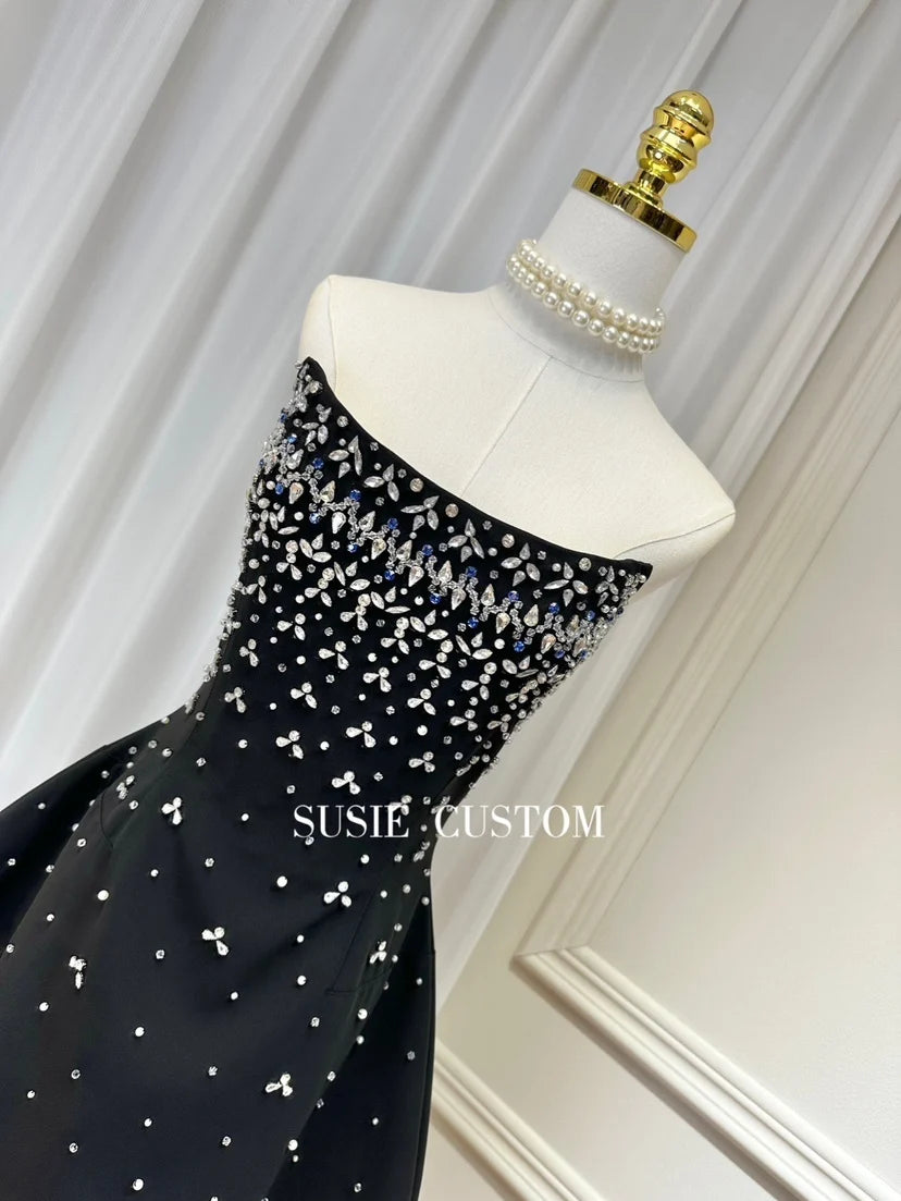 Fishbone Design Diamond Decorated A-Line Gown Heavy Embellishment Strapless Ball Gown Skirt Flounce Summer Dress