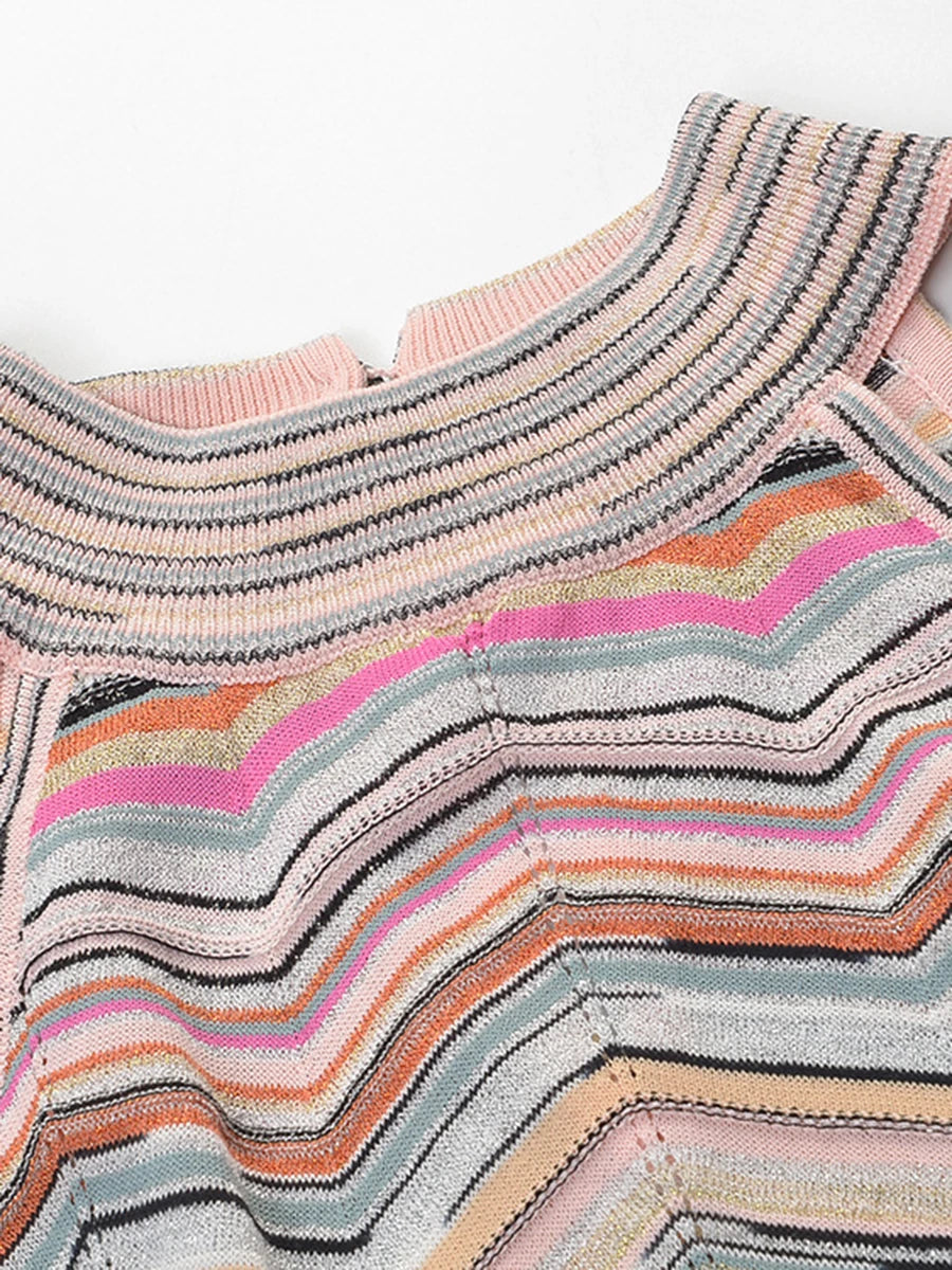 VGH Chic Multicolor Chevron Striped Knit Maxi Dress for Women Halter Sleeveless High Neck Keyhole Back Button Closure Bodycon