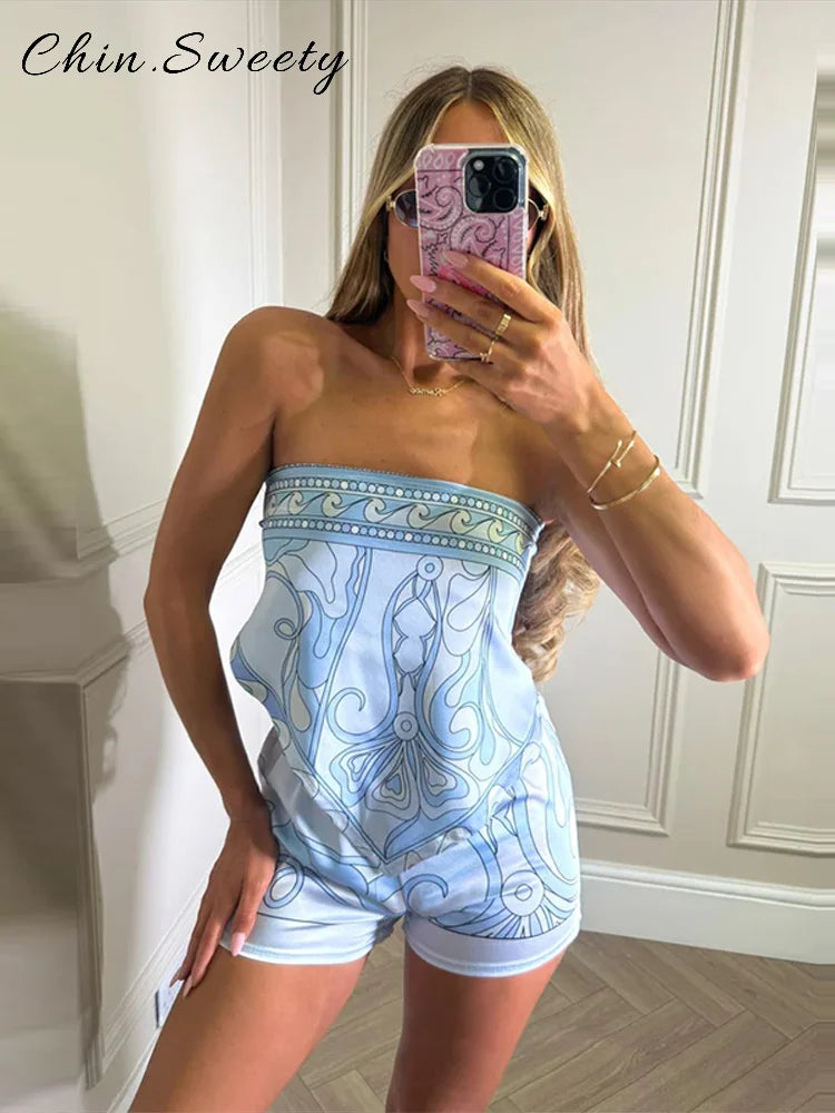 Sexy Women's Satin Printed Vest Shorts Set Lace Up Backless Strapless Crop Tops High Waist Short Pant 2026 Summer Beach Suit
