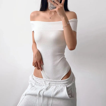 Off Shoulder Rib Knitted Bodysuit