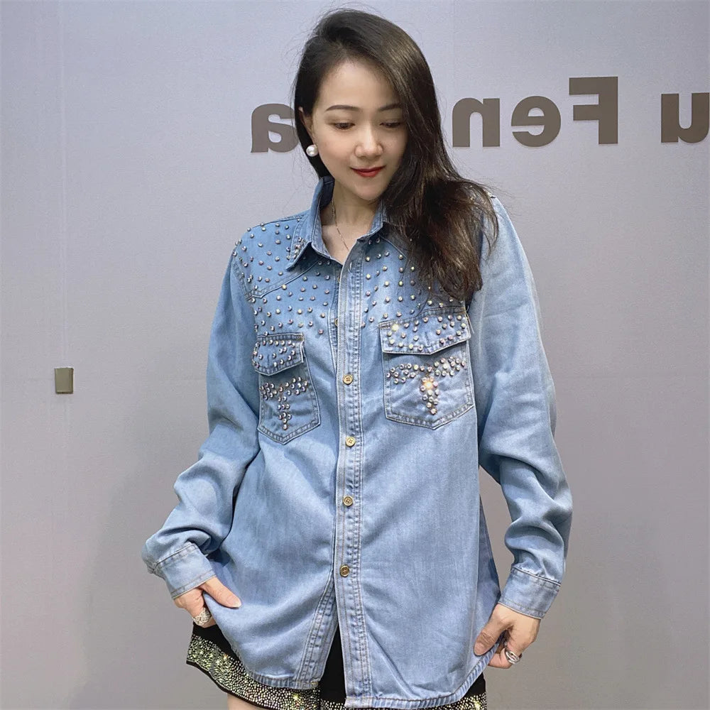 Diamonds Beaded Denim Shirts Rhinestones - Shellss