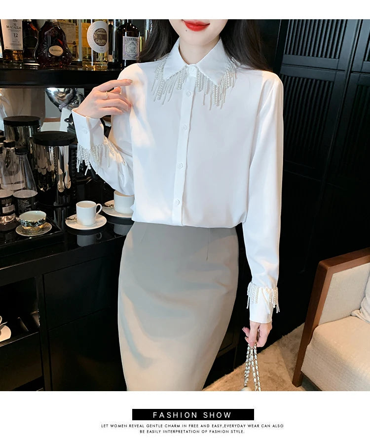 Luxus Perlen Perlen Quasten Weiße Hemden