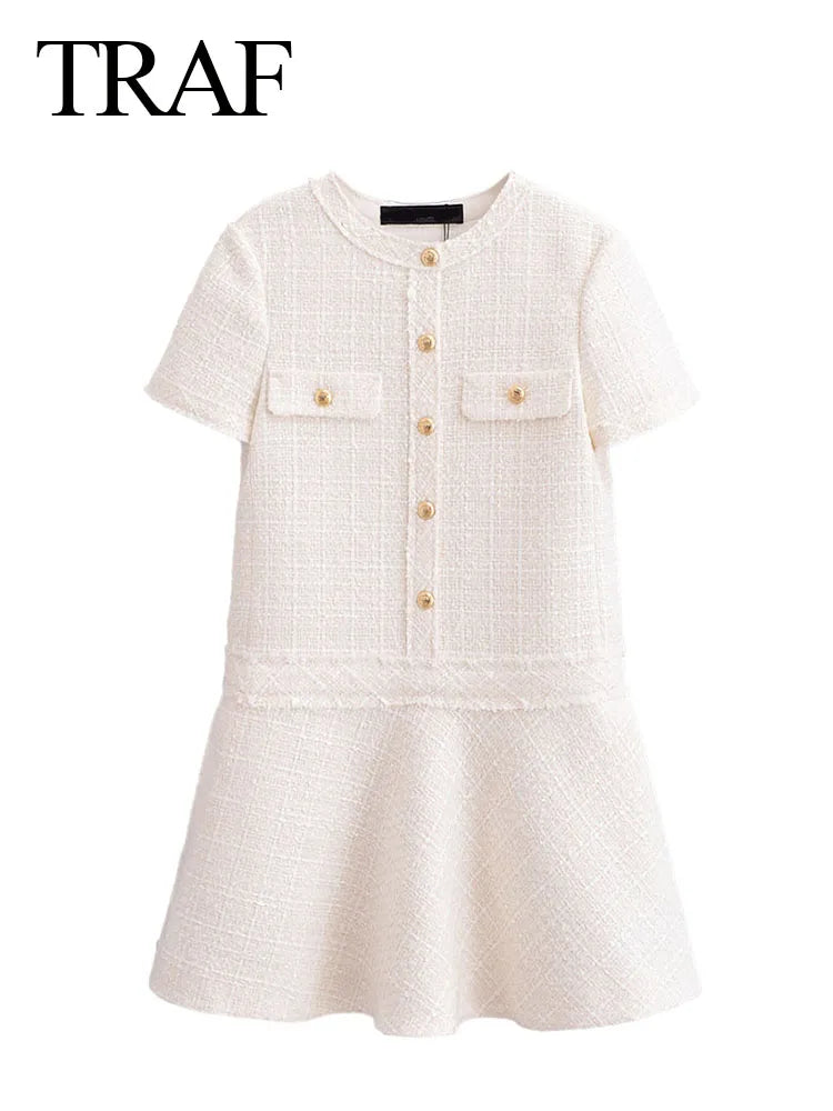 Chic O-Neck Party Dress Women Texture Pocket Single-Breasted premium