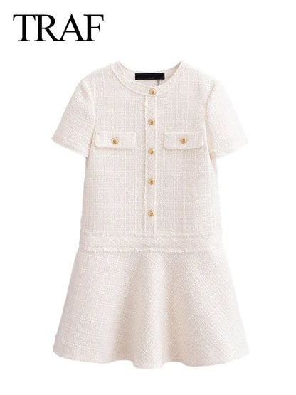 Chic O-Neck Party Dress Women Texture Pocket Single-Breasted premium